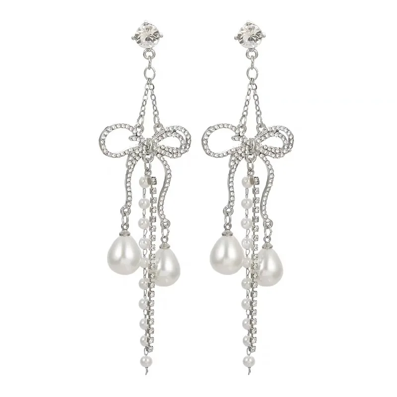 

Super fairy temperament bow earrings Korean bride earrings bridesmaid accessories pearl long tassel earrings woman jewelry