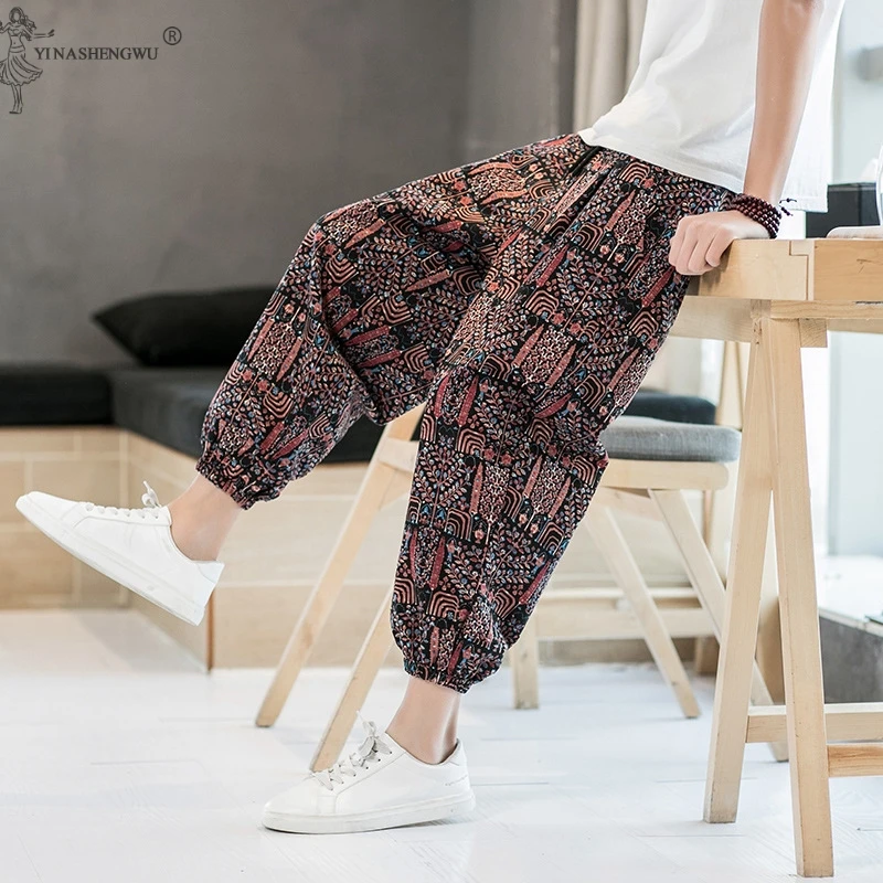 

Traditional Japanese Kimono Print Pants Haori Pants Asian Costume Beach Casual Loose Long Pants Japan Style Kimono Yukata Men