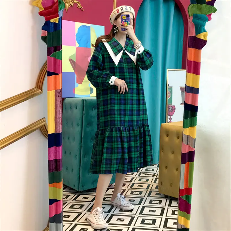 HziriP элегантные шикарные клетчатые прямые женские с воротником Питер Пэн