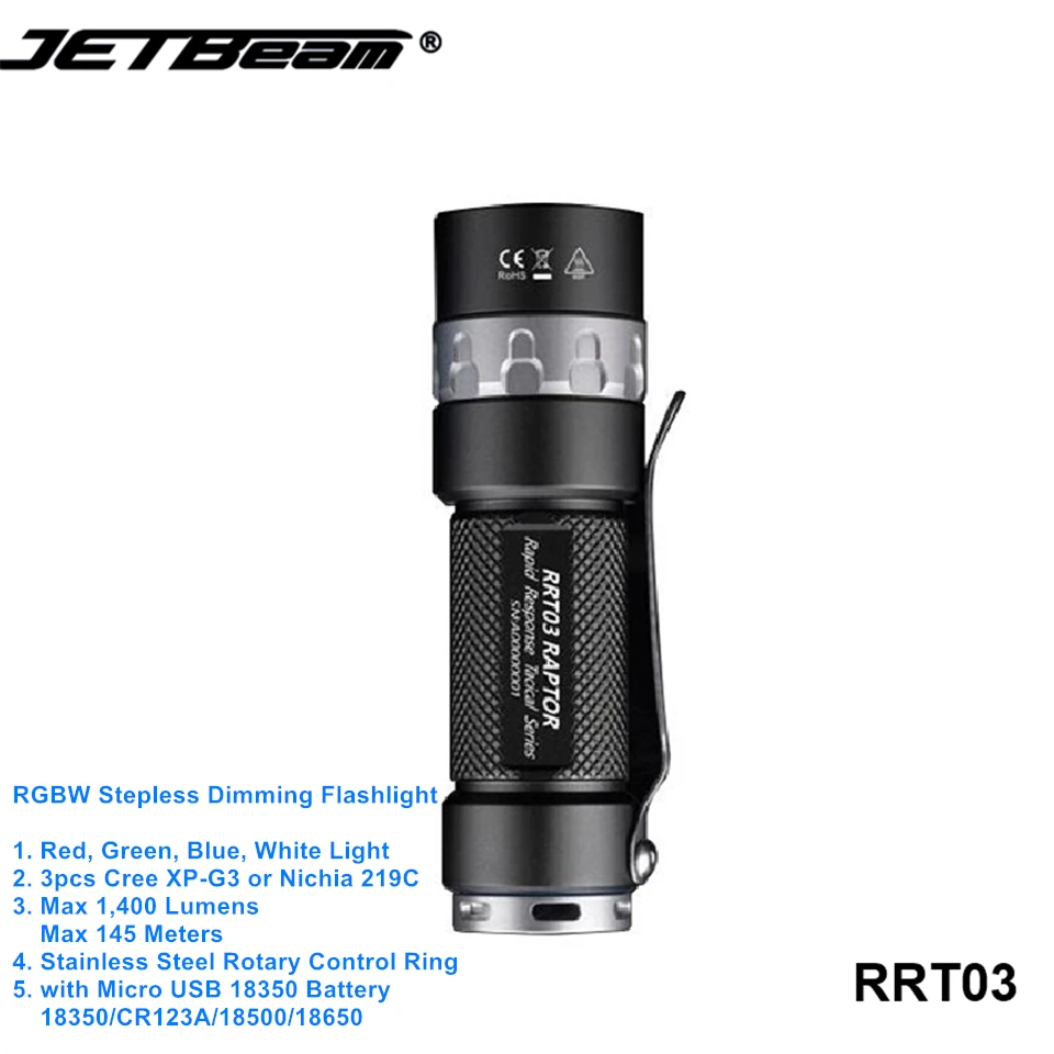 Barato Jetbeam RRT03 Linterna RGBW De Cree LED Continua Linterna Regulable Camping Poderosa Mano Antorcha EDC Con Batería Recargable 18350
