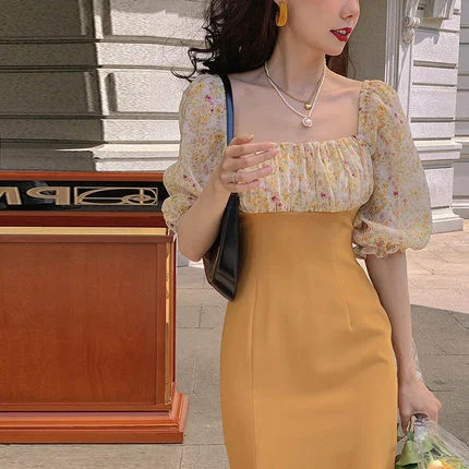 

Retro Puff Sleeve Stitching Floral Dress Women's Summer Square