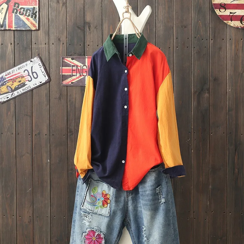 Женская Вельветовая рубашка в стиле пэчворк винтажная блуза с длинным рукавом