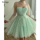 Verngo, новинка 2021, мятно-зеленый тюль с обильным трапециевидным укороченным выпускным платьем, с пышными длинными рукавами, с высоким воротником и бантом, женское мини-платье для вечерние