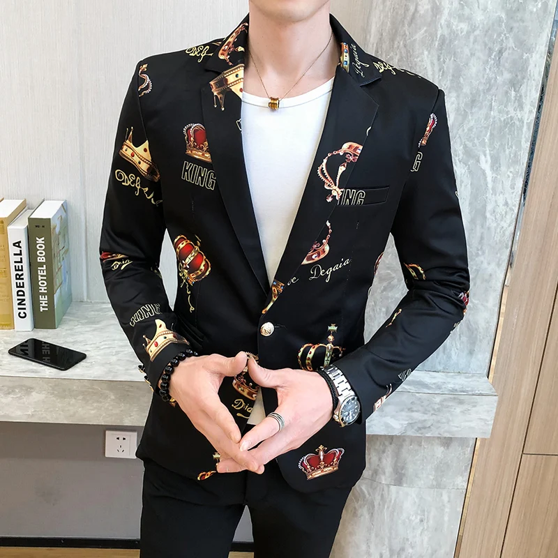 

Spring Crown 2020 Print Mens Blazer Korean Jacket Wedding Dress Suit Stylish Blazers For Men Slim Fit Dj Singer Blaser Masculino