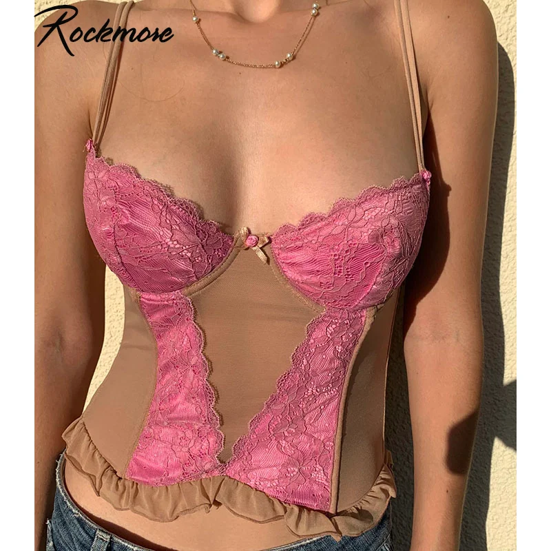 

Rockmore Lace Mesh Patchwork Spaghetti Strape Tank Top Women 90s Sleeveless Camis Harajuku Tops Tee Sexy Ruffles Bow Crop Top