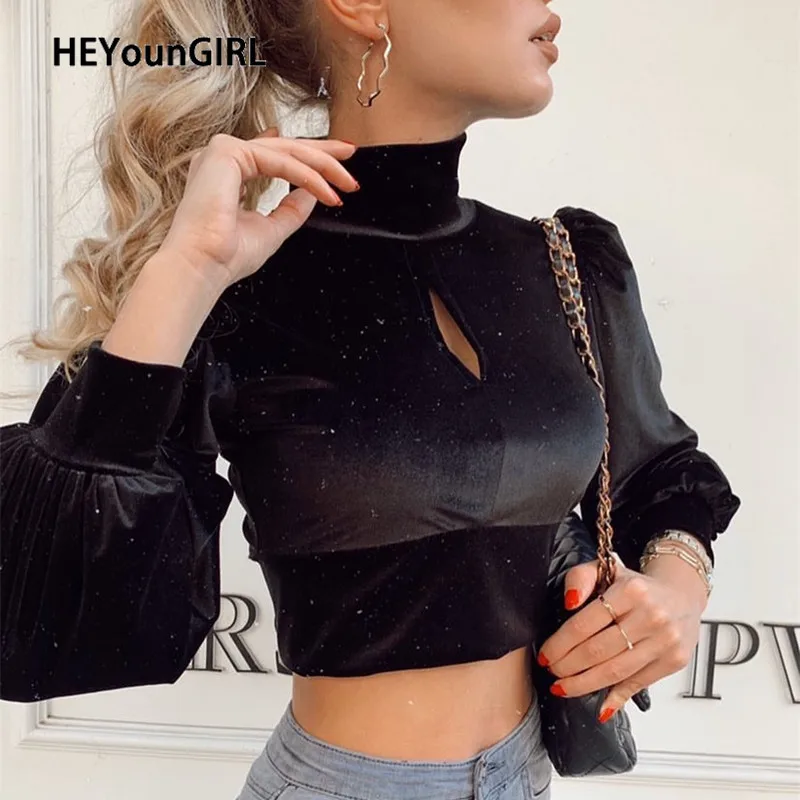 Женская бархатная Винтажная футболка черная Элегантная укороченная с длинным