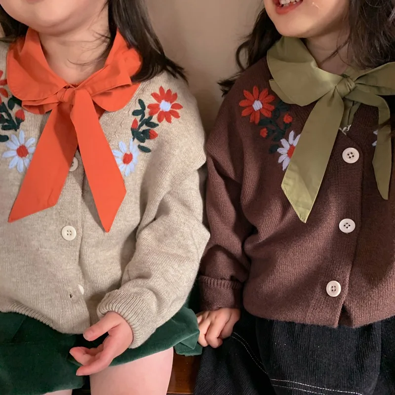 

New Autumn 2021 Korean Girls' Embroidered Sweater Baby Girl Cardigan Coats Children's Flower Long-sleeved Jacket Knitted Coats