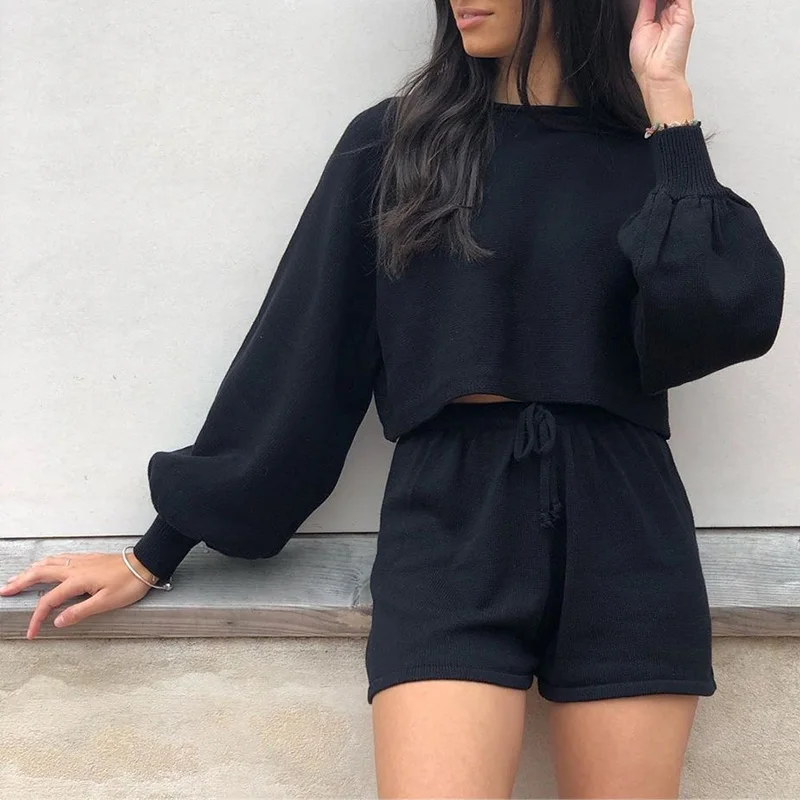 

Lantern Sleeve Drawstring Set Women's 2 Piece Sets Summer Long Sleeve Crop Top O-Neck Ladies Suit 2021 White Casual Female Suits