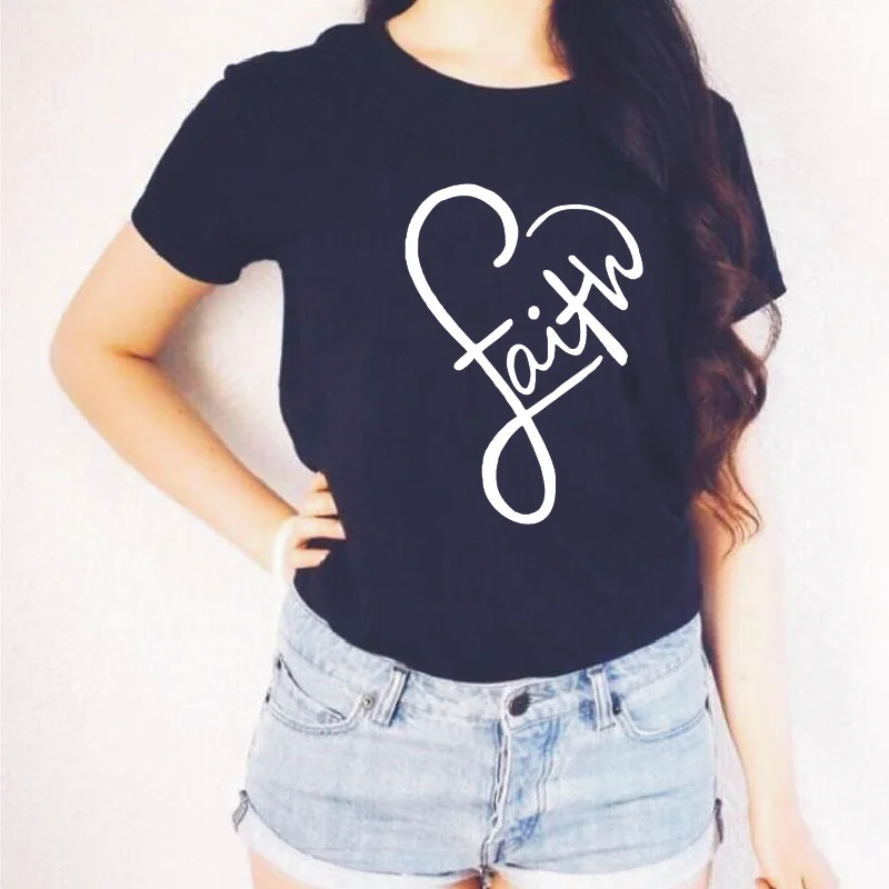 Футболка с принтом Faith женские топы повседневные Харадзюку хлопок коротким