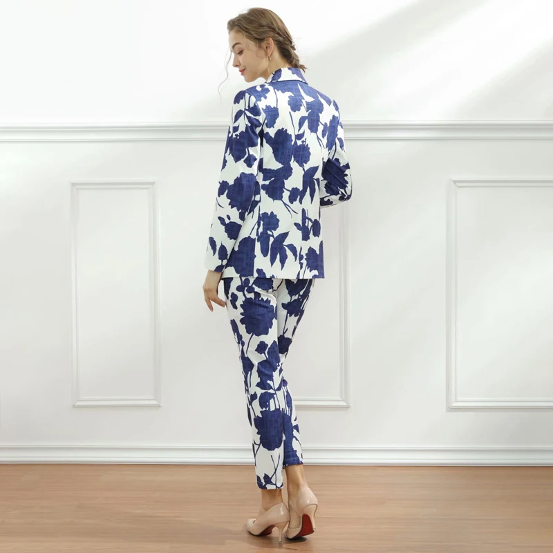 

Top Quality New Casual Clothing Sets 2021 Spring Blazer Suits Women Blue Floral Print Blazer Coat+Skinny Pants & Capris Set 2pc
