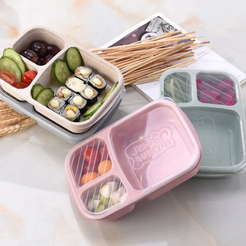 

Wheat Straw Bento Box 3 Grids With Lid Microwave Food Box Lunch Bento Box