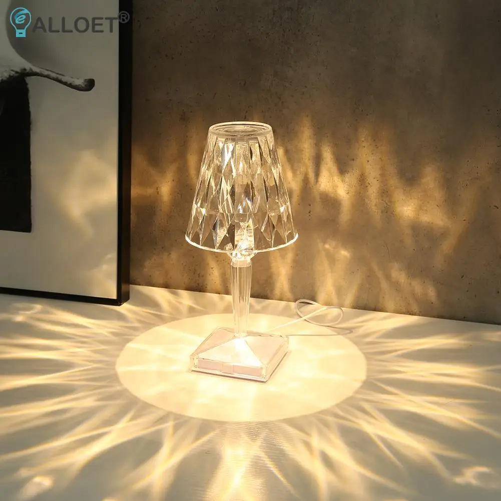 

Stepless Dimming 3 Color Diamond Crystal Table Lamp Acrylic Wireless Charging Desk Night Light Creative Atmosphere Bedside Lamp