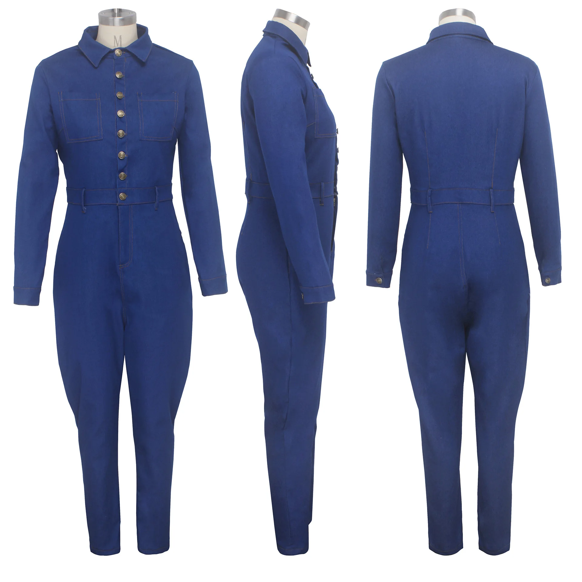 

Autumn Winter Women Skinny Denim Jumpsuit Fashion Sexy Turn-down Collar Long Sleeve Bodysuit Ladies Party Club Bodycon Jumpsuit