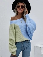 fashion autumn batwing sleeve splicing color knitted sweaters o neck tops loose cardigan womens sweater 2021