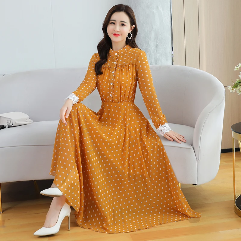 

Women Autumn Chiffon Polka Dot Casual Dresses Long Sleeve Patchwork Lace Vintage Midi Vestido Elegant Office Lady Loose Dress