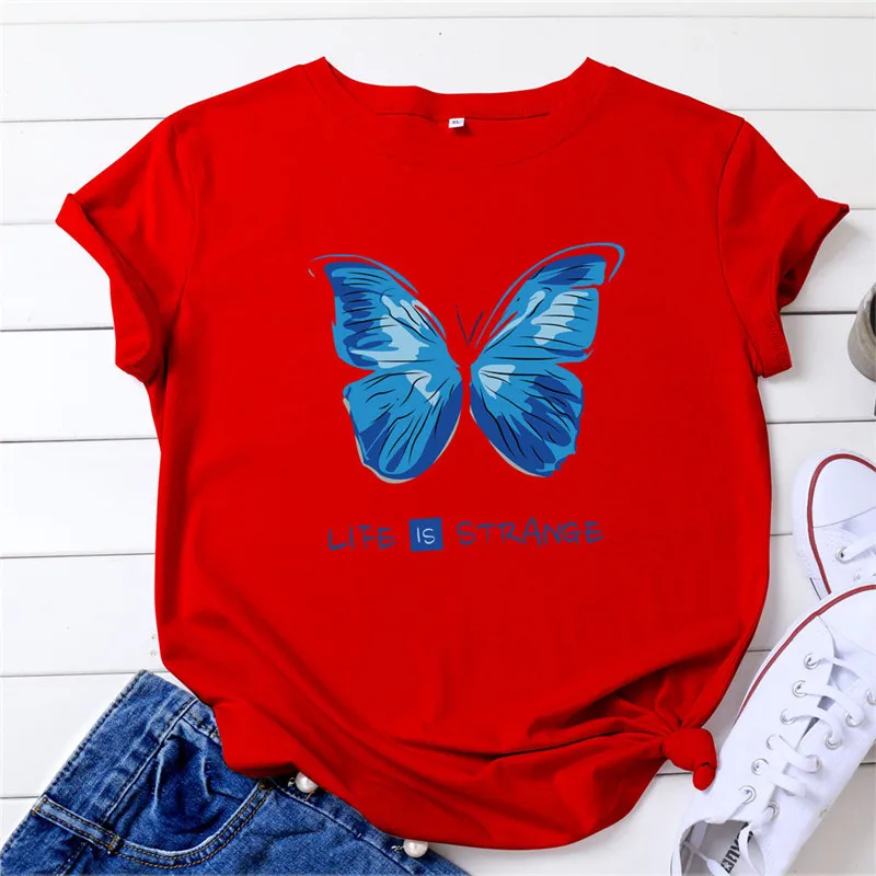 

S-5XL Plus Size TShirt Ladies Butterfly Strange Print TShirt Women 100%Cotton Women Shirts O Neck Short Sleeve Tees Summer Tops