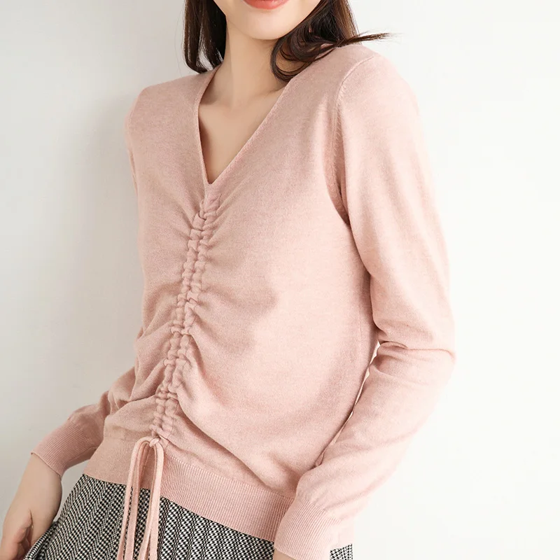 Женский кашемировый свитер облегающий с V-образным вырезом и длинным рукавом