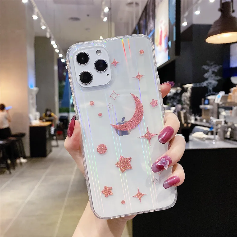 

For iPhone 12 Mini 12 11 Pro Max X XS Max XR SE2 7 8 Plus Case Laser Sttary Sky Transparent Phone Back Cover