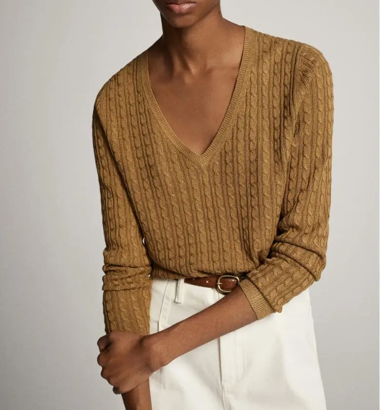 

2021 Women Sweater Spring and Autumn Sweater Fashionable Casual Solid Color V-neck Knitted Tops Sweater