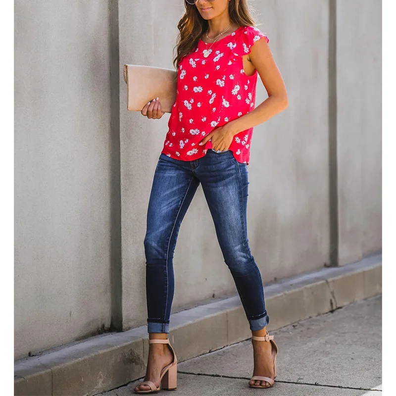 BAMBOOBOY Women's Summer Sweet O Neck Flower Print Frill Casual Top FC916