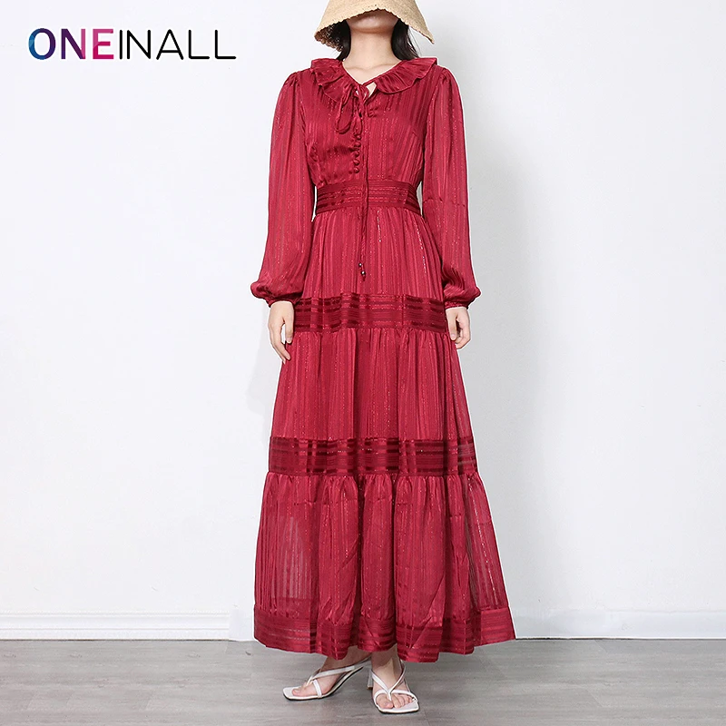 

ONEINALL Red Vintage Maxi Dress For Females V Neck Long Sleeve High Waist Patchwork Women's Casual Dresses 2021 Autumn New Style