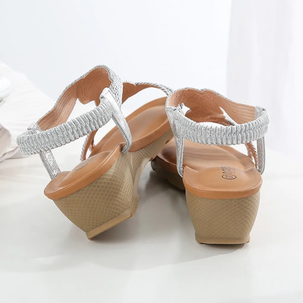 

Bohemian Sandals Women Girls Wedges Crystal Elastic Band Beach Shoes High Quality Casual Outside Ladies Sandals