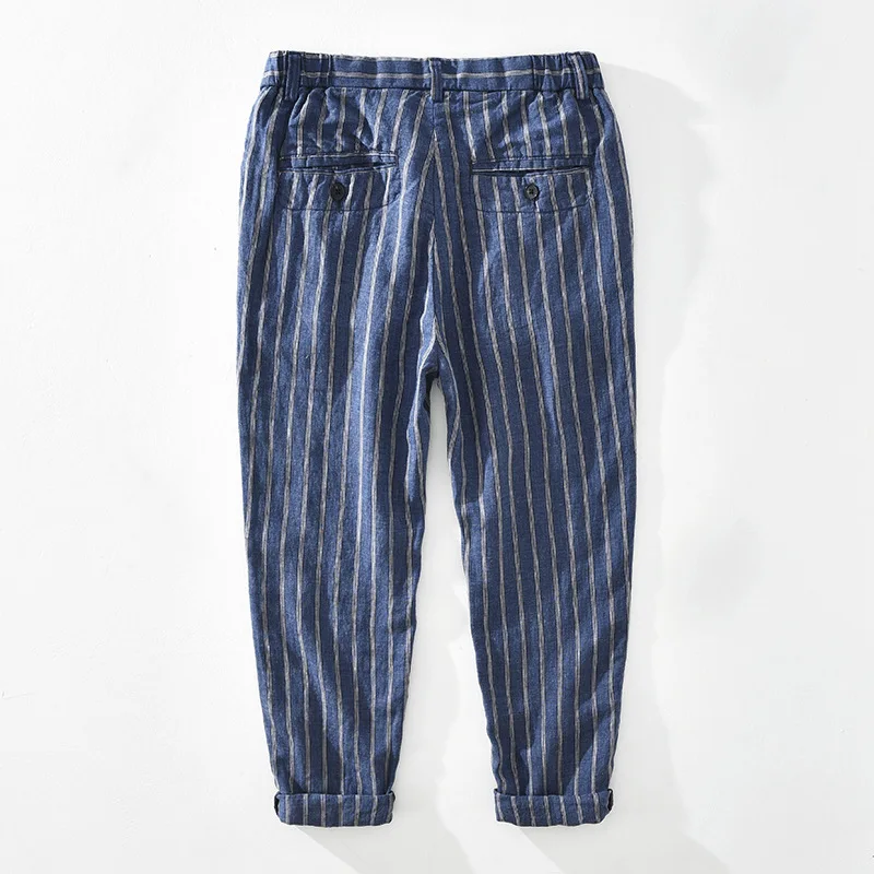 

8327 Summer Linen Striped Men's Pants Japanese Classice Retro Casual Loose Straight Elastic Mid-Waist Office Male Suit Trousers