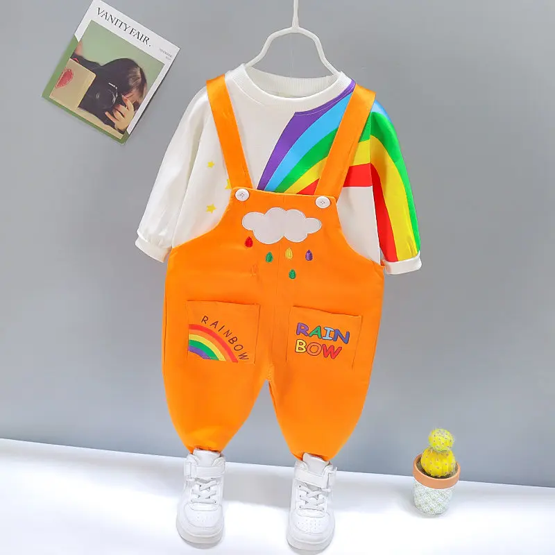 

2022 Spring Autumn Infant Suit Baby Girl Boys Clothing Fashion Rainbow T-shirt Overalls Bib Pants 2Pcs/Set Kid Children Costume