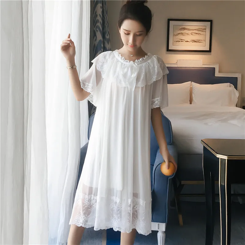 

Camisola branca de verão para mulheres, camisola de malha com manga curta, vestido de dormir, roupas de dormir