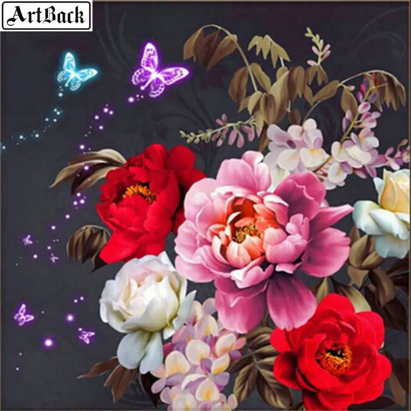 Картина из квадратных страз ArtBack с цветами бабочками 5d полноразмерная 3d Мозаика