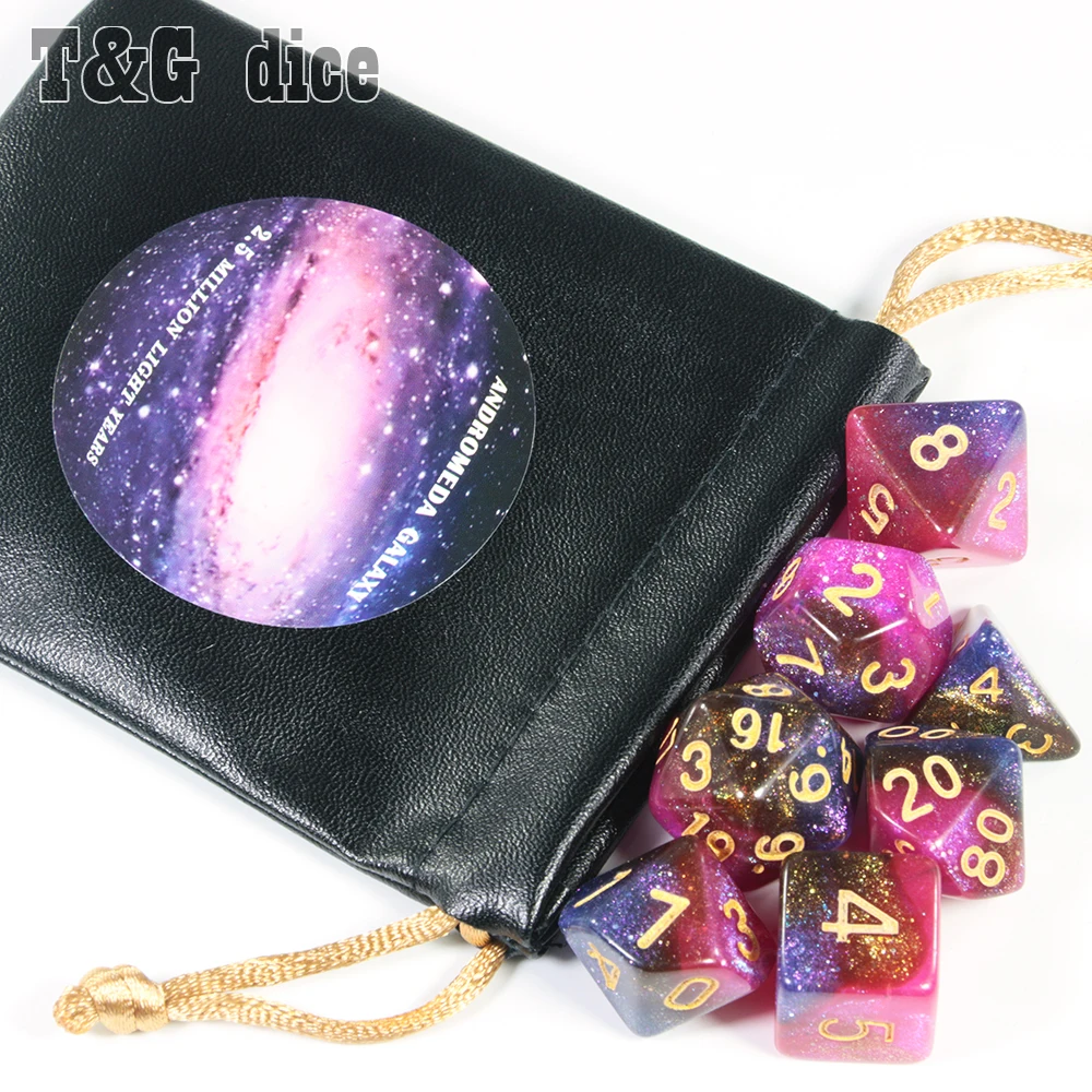 Красивые игральные кости 7 штук с сумкой из искусственной кожи Блестящий яркий