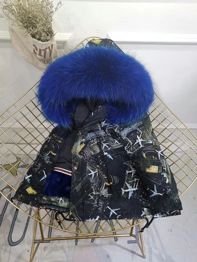 Royal Blue Fur Children Winter Jacket Graffiti Boys Girls Real Fur Coat Thick Warm Rabbit Fur Kids Jacket Coat Furry Natural Fur Collar TZ428 - Цвет: Royal Blue Fur