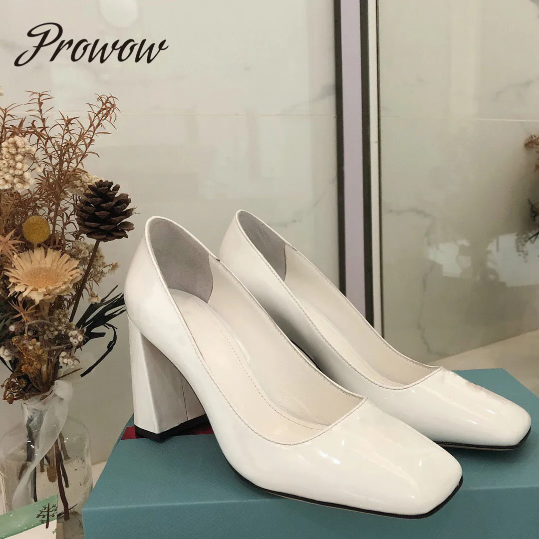 

Prowow Genuine Leather Slip On High Heel Pumps Square Toe Luxury Brand Dress Shoes Women
