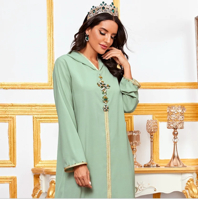 2020 зеленое мусульманское модное платье с капюшоном абайя со стразами одежда на