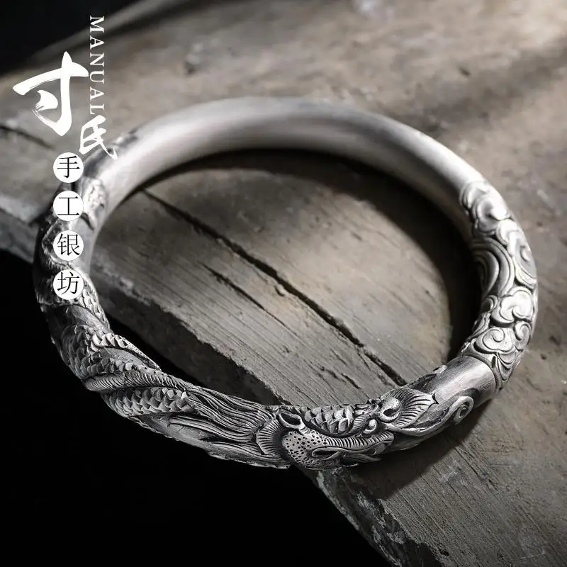 

Dragon Embraces the Pillar Xiangyun Bracelet S999 Pure Silver Handmade Silver Bracelet Men's Domineering Silver Bracelet Sterlin