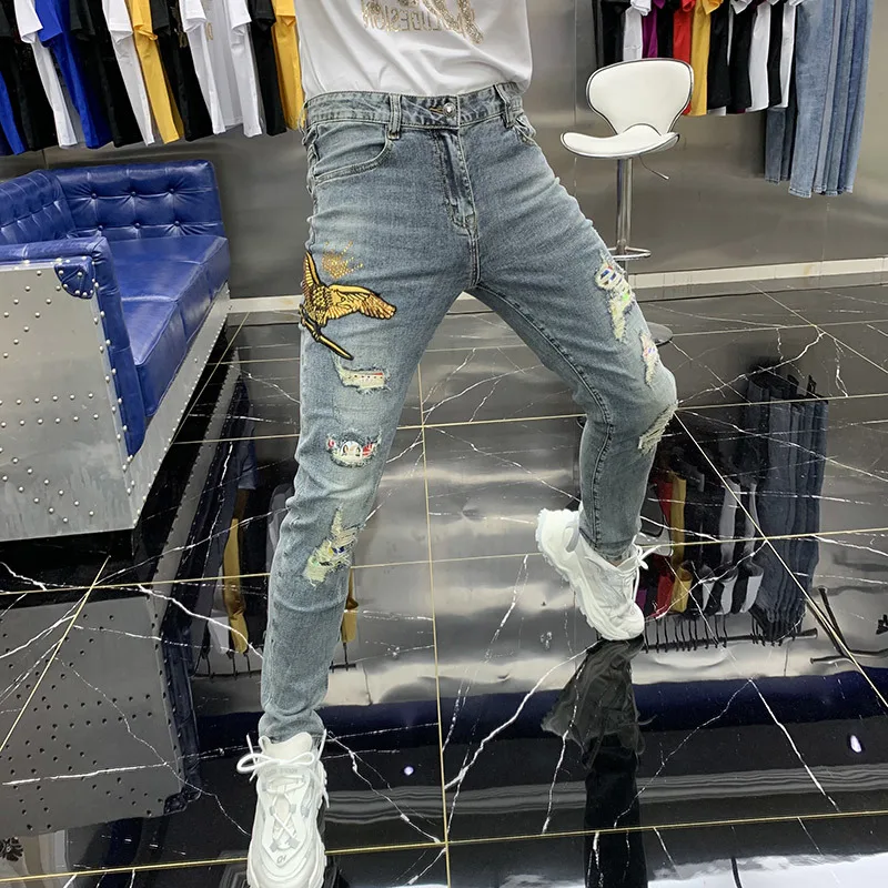 

Sequin Decoration Denim Jeans Men 2021 New Spring Jeans Mens Eagle Embroidery Trend Designer Jeans Fashion European Jeans Hombre