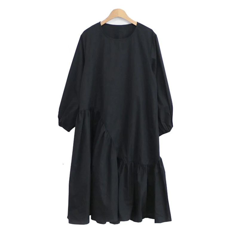 

VGH Casual Asymmetrical Autumn Dress For Women O Neck Lantern Sleeve Plus Size Loose Ruffles Women's Dresses 2020 Fashion New