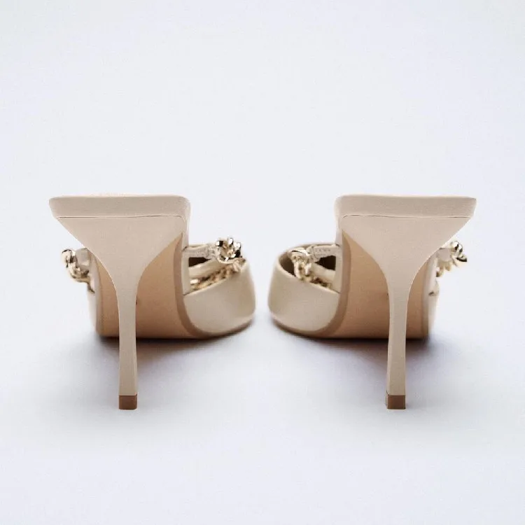 LMCAVASUN 2021 New Elegant Chain Mueller Shoes Pointed Mary Jane Brown High Heels Thin Heel Back Empty Sandals | Обувь