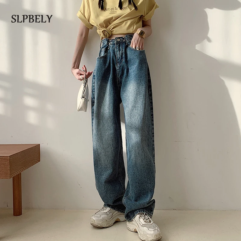 

Женские джинсы SLPBELY в стиле ретро, винтажные длинные брюки из денима с завышенной талией и широкими штанинами, Модные свободные штаны в стиле Харадзюку, уличная одежда, лето-осень