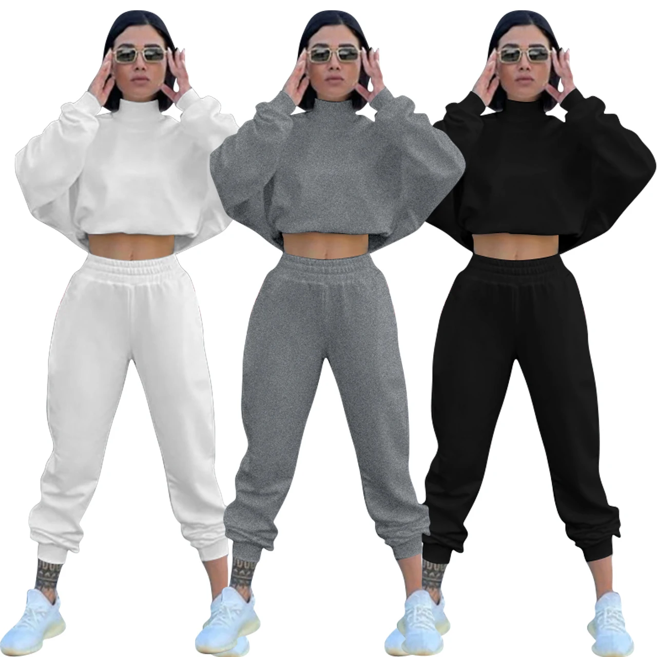 

Women Two-piece High Neck Sweatshirt Set Full Sleeves Top Loose Sweatpants Sport Tracksuits Casual Outfits Autumn Winter 2021
