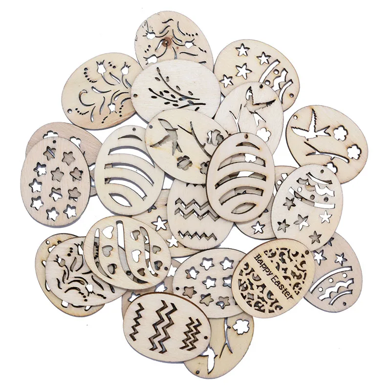 

25pcs Happy Easter Egg Wood Decoration Hollow Wooden Hanging Pendant DIY Handmade Craft Easter Festival Party Ornament