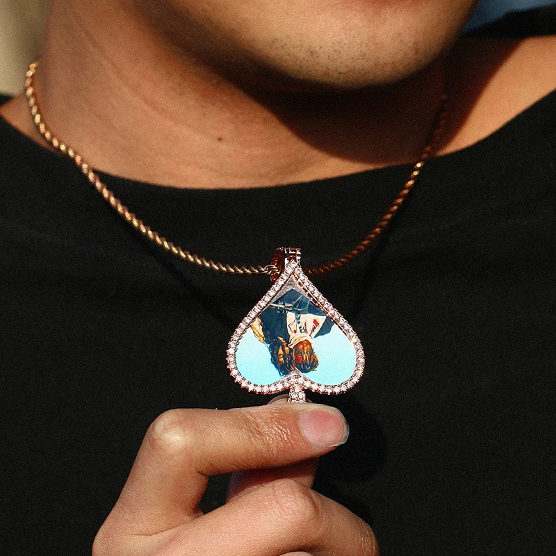 

New Arrival Custom Picture Memory Medallions Solid Pendant Necklace Spades Shape Hip Hop Jewelry Personalized Cubic Zircon Chain