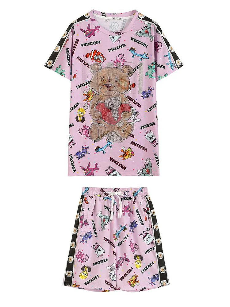 Женские костюмы с блестками футболка мультяшным принтом и модные шорты лето