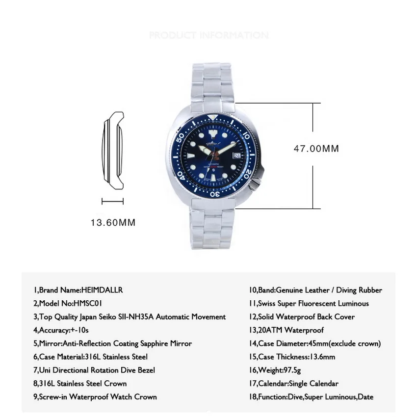Мужские часы для дайвинга HEIMDALLR автоматические механические мужские спортивные