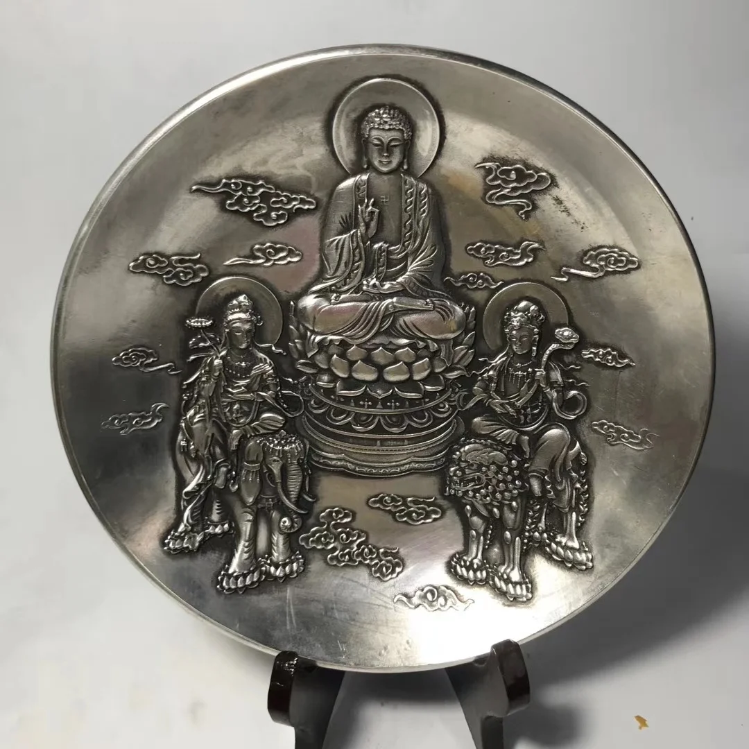 

China Elaboration Tibet Silver Engrave Propitious “ Bodhisattva Buddha ” Dish Metal Crafts Home Decoration