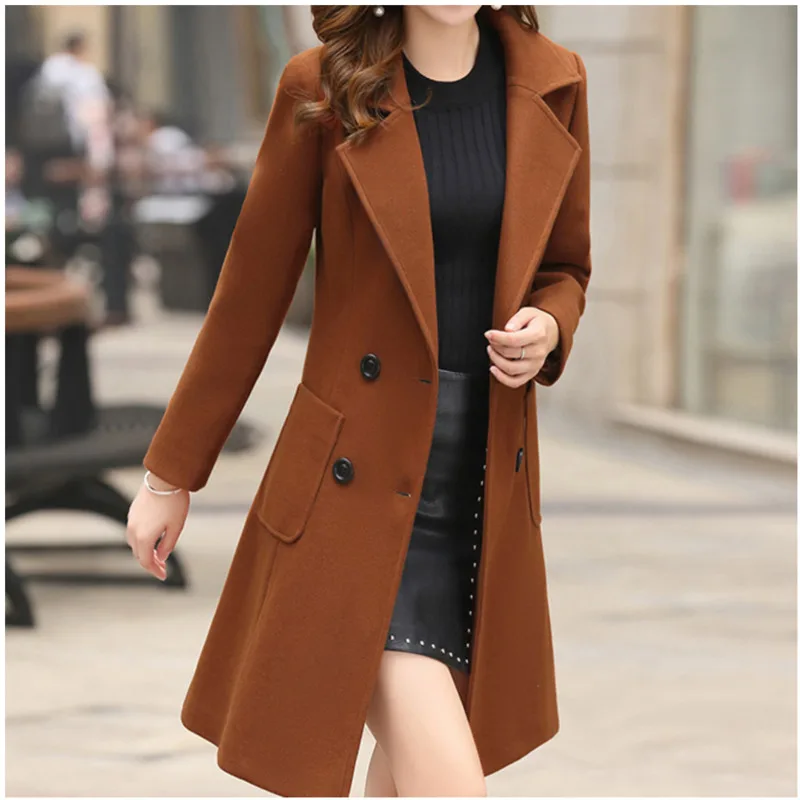 Шерстяное пальто женское Abrigos Mujer Invierno тонкое повседневное двубортное пальто с отложным воротником осеннее длинное шерстяное пальто