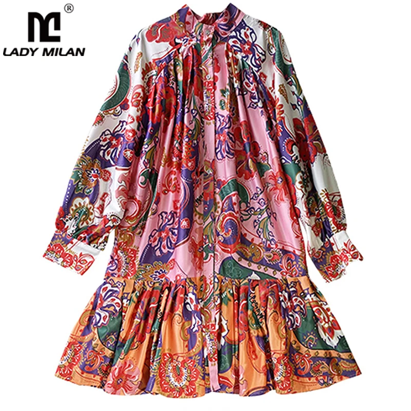 

Женское модельное платье, модельное платье с воротником-стойкой, длинными рукавами-фонариками, цветочным принтом, оборками и поясом