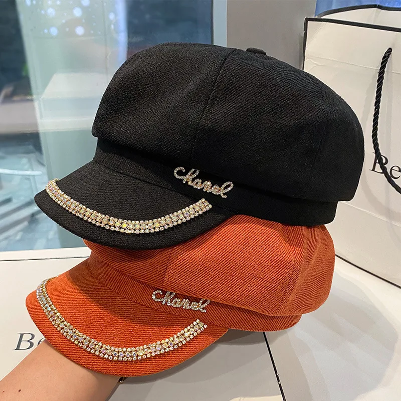 

2021 модная восьмиугольная шляпа со сверкающими бриллиантами Женская белая Снэпбэк Кепка KPOP летняя Солнцезащитная шляпа дизайнерская шапка ...