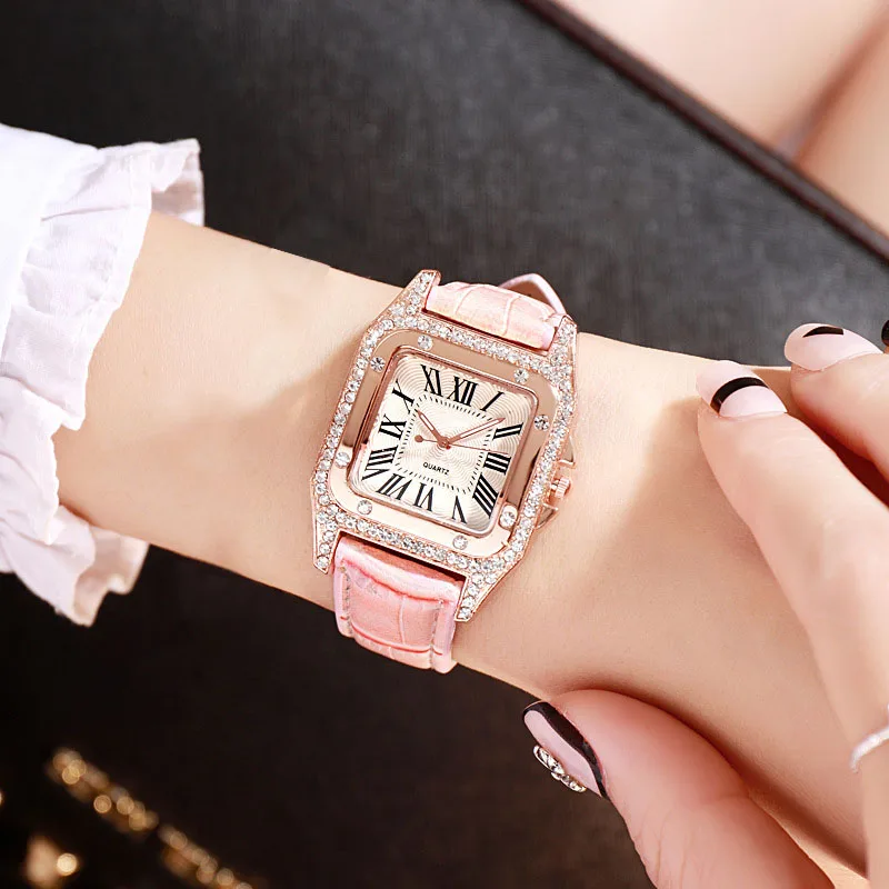 pink Женские часы со стразами Звездный роскошный браслет набор часов Дамский Повседневный Кожаный ремешок кварцевые наручные часы женские часы - Цвет: pink