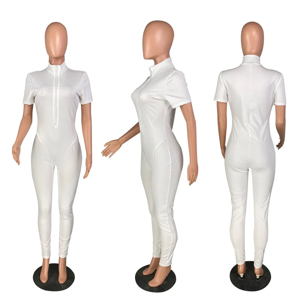 

European fashion solid color bodysuit casual o-neck zipper short sleeve women's T-shirt pants